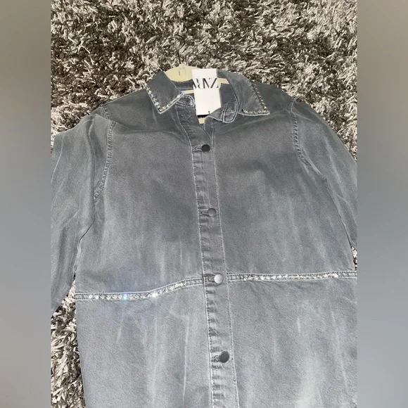 Zara grey denim  Button Down Shirt with crystal - Picture 2 of 4